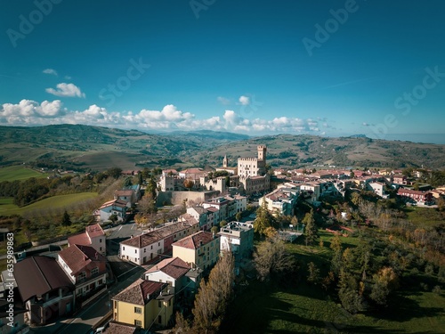Fototapeta Naklejka Na Ścianę i Meble -  Aerial shot of the beautiful buildings of the medieval Tavoleto village in Italy on a sunny day
