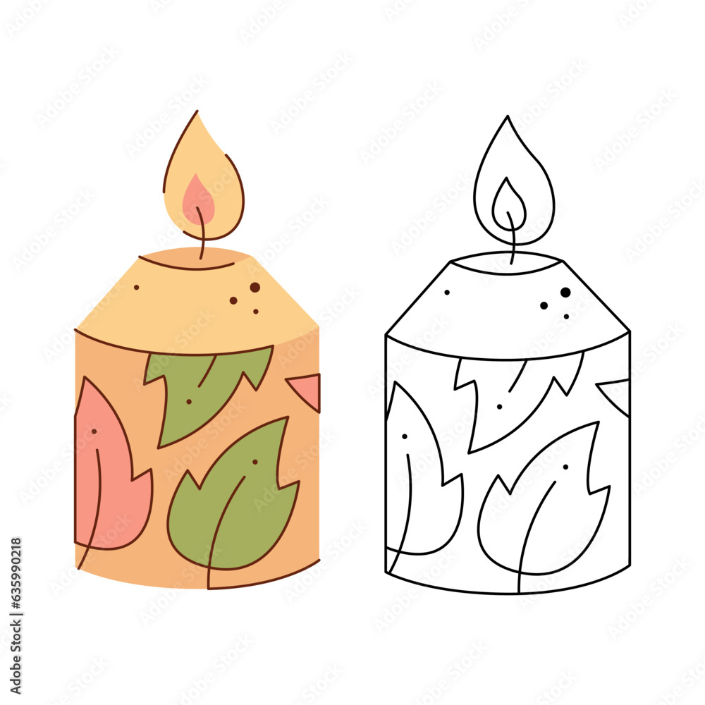 Patterned candle. Black and white and color clipart vector illustration.