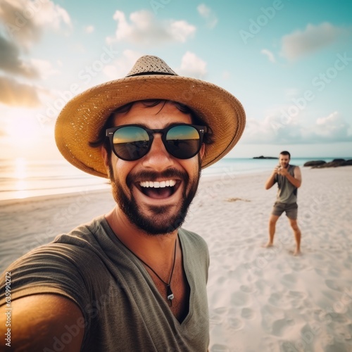Joyful man capturing a selfie with hat and sunglasses. Generative AI