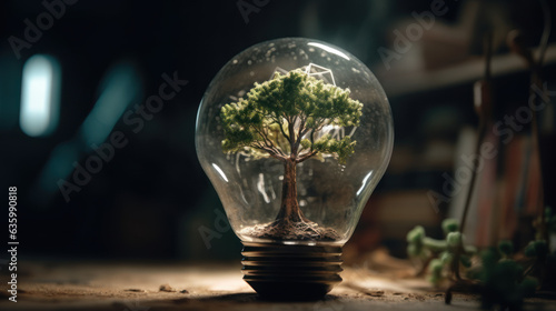 Light bulb with green tree inside.