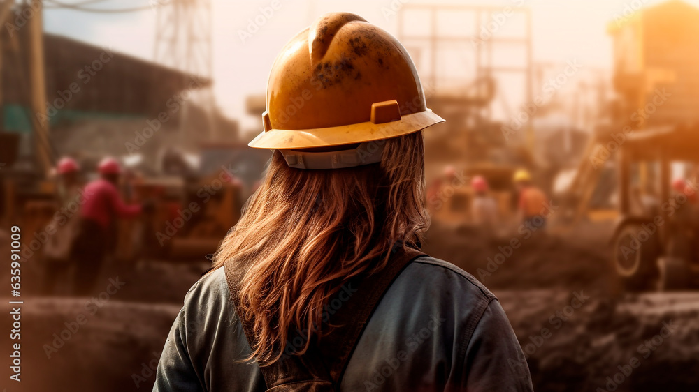 A woman construction professional, wearing a safety helmet. Generative AI