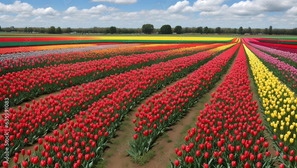 Colorful Tulip Field Stretching Under Blue Sky and White Clouds