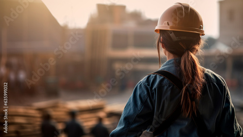 Rearward view of a woman construction laborer with helmet. Generative AI