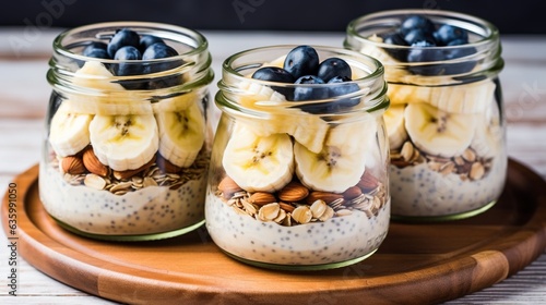  three mason jars filled with blueberries, bananas and nuts.  generative ai