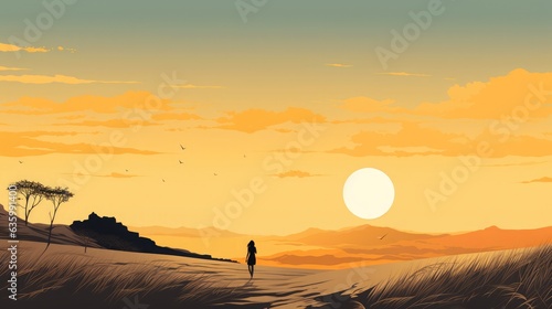 A young girl with dog walks on the road in a golden wheat field. Minimalist Illustration style in yellow color, Japanese Countryside.