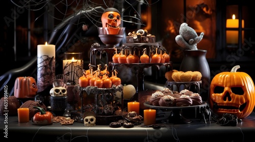  a table topped with lots of halloween treats and candles next to pumpkins. generative ai