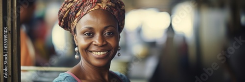 Portrait of an African woman near a city market. Generative AI
