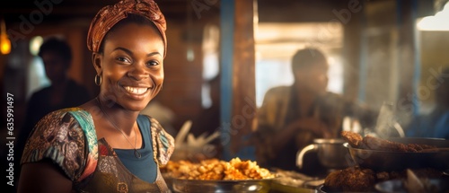 Portrait of an African woman near a city market. Generative AI