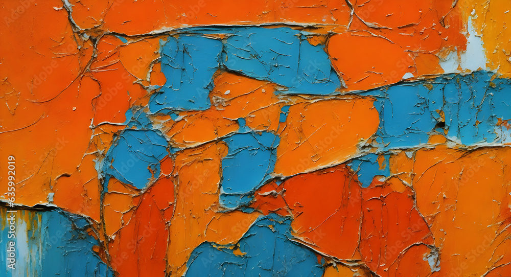 Obraz premium Close-Up of Abstract Art Painting Texture, Featuring Contrasting Orange and Blue Hues, Expressively Crafted with Oil Brushstrokes and Palette Knife on Canvas