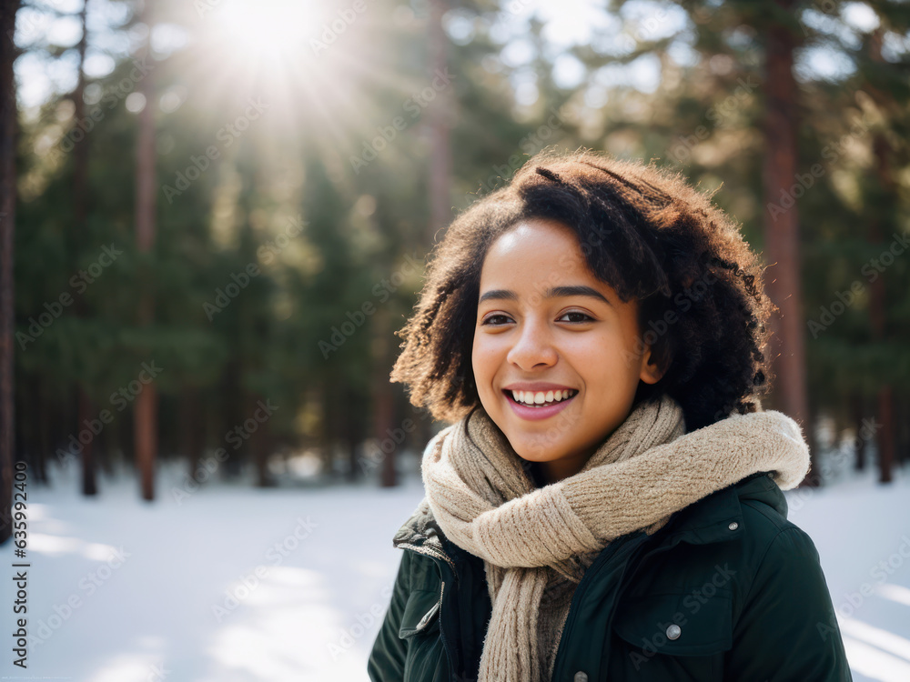 Photorealistic portrait of positive beautiful young laughing girl dressed in warm winter clothes playing with snow on the background of a snowy pine forest Photorealistic portrait of positive beautiful young laughing girl dressed in warm winter clothes playing with snow on the background of a snowy pine forest