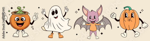 Set of grooby retro halloween characters. Vector illustration.