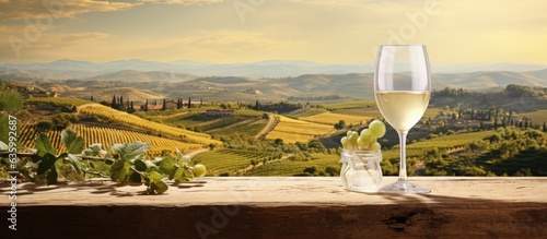 Wine glass on wooden table with grapevine plantation in the background with copy space, Generative AI
