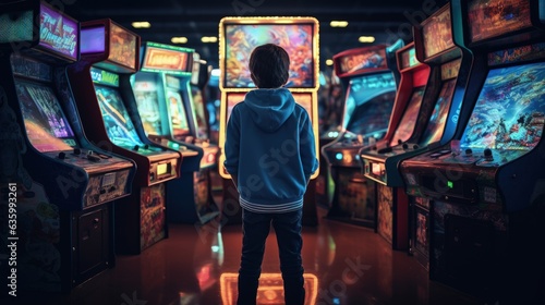 Boy in front of several arcade machines, Old arcade with neon lights, Generative AI