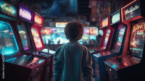 Boy in front of several arcade machines, Old arcade with neon lights, Generative AI