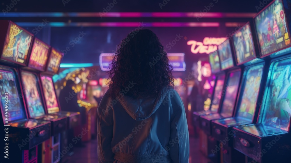 Girl in front of several arcade machines, Generative AI Girl in front of several arcade machines, Generative AI