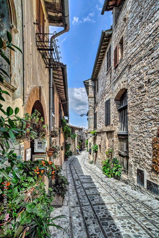 Town of Spello, Umbria, Italy. Characteristic narrow cobbled street flanked by houses of medieval origin.