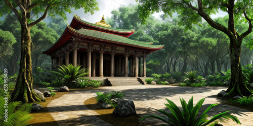 3D illustration medieval old temple architecture in the forest