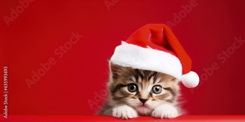 Cat in Santa Claus hat on red background with copy space, Generative AI © Kaleb