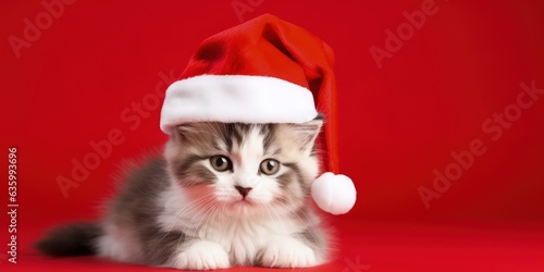 Cat in Santa Claus hat on red background with copy space, Generative AI © Kaleb