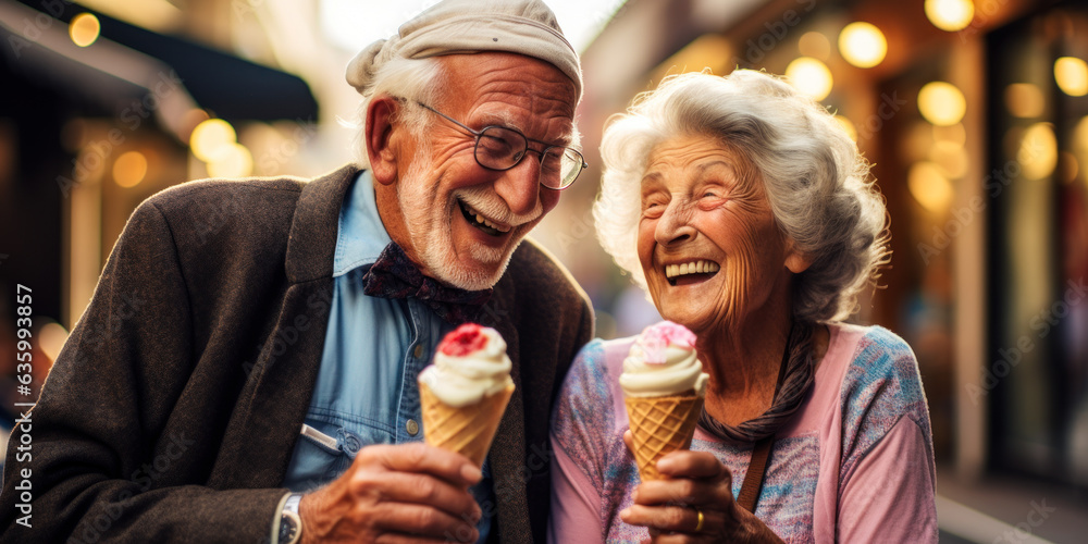 Senior Couple's Love for Ice Cream: A senior couple's love for ice cream is evident in their smiles and laughter