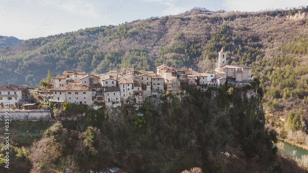 Aerial view of the historic Castle Trosino and nearby cliffs in Ascoli Piceno, Marche, Italy