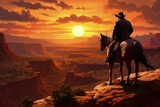 Wild West cowboy riding a horse in the canyon at sunset, Generative AI