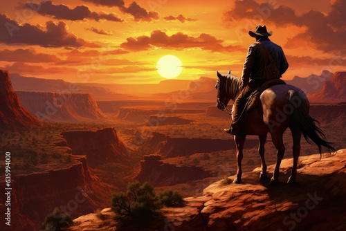 Wild West cowboy riding a horse in the canyon at sunset  Generative AI