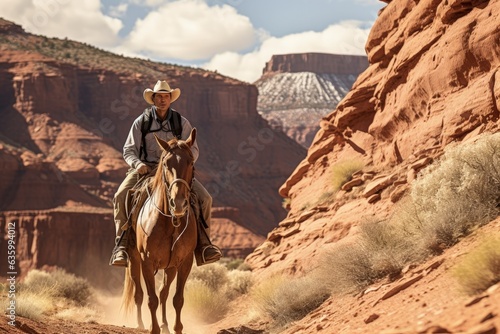 Wild West cowboy riding a horse through the canyon, Generative AI © Kaleb