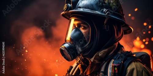 Firefighter Ready for Action: A photo of a firefighter in a gas mask and helmet, ready to fight a fire.