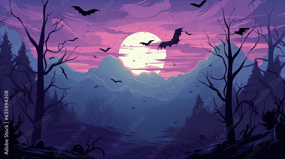 Black and purple landscape of gloomy forest with bats in full moon, Generative AI