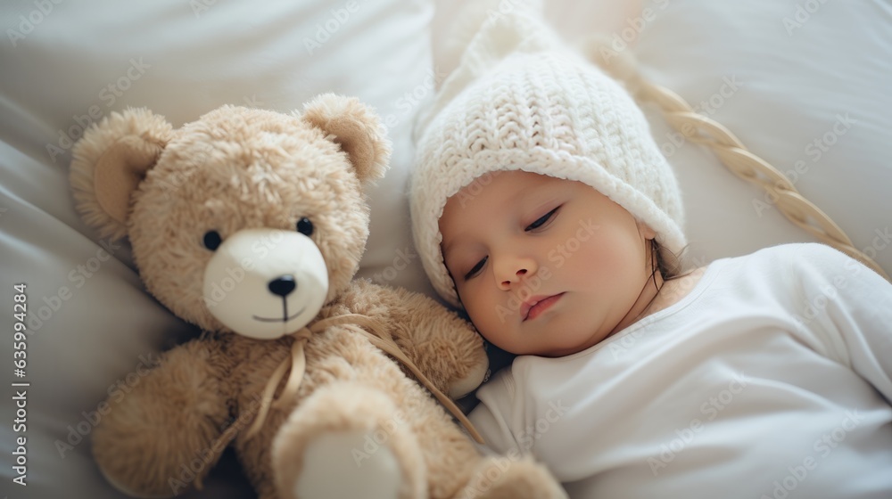 Cute baby in white clothes sleeping in bed with a teddy bear plushie
