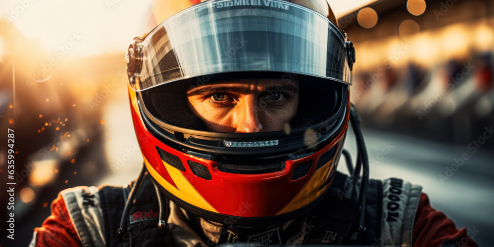 High-Speed Pursuit: Racer in Helmet on the Race Track High-Speed Pursuit: Racer in Helmet on the Race Track