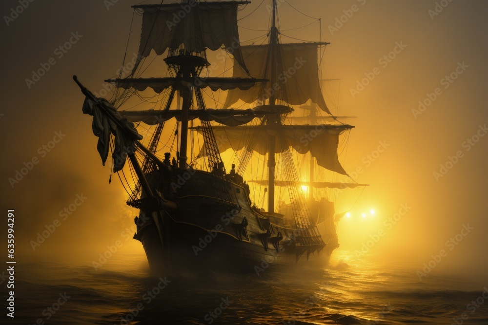 Ghost pirate ship sailing through yellow fog, Generative AI
