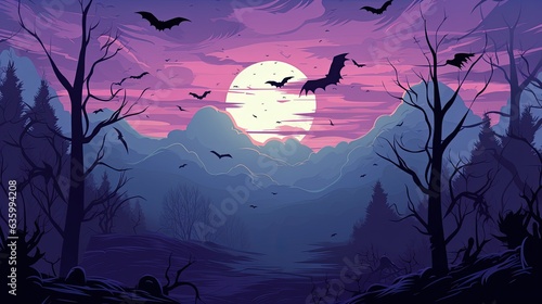 Black and purple landscape of gloomy forest with bats in full moon, Generative AI