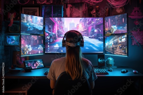Gamer girl playing on computer, Generative AI 