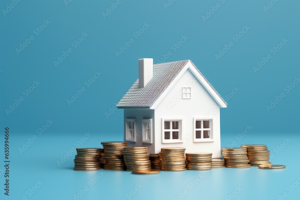 Miniature house with stack of coins on blue background, real estate market concept, Generative AI Miniature house with stack of coins on blue background, real estate market concept, Generative AI