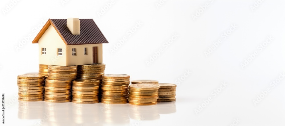 Miniature house with stack of coins on white background with copy space, real estate market concept, Generative AI Miniature house with stack of coins on white background with copy space, real estate market concept, Generative AI