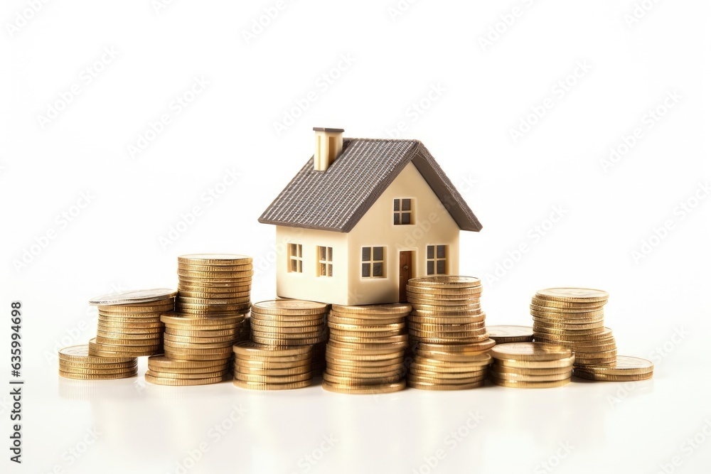 Miniature house with stack of coins on white background, real estate market concept, Generative AI Miniature house with stack of coins on white background, real estate market concept, Generative AI