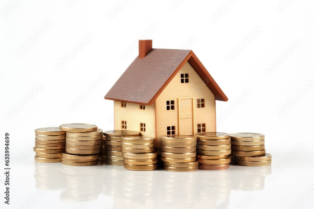 Miniature house with stack of coins on white background, real estate market concept, Generative AI Miniature house with stack of coins on white background, real estate market concept, Generative AI