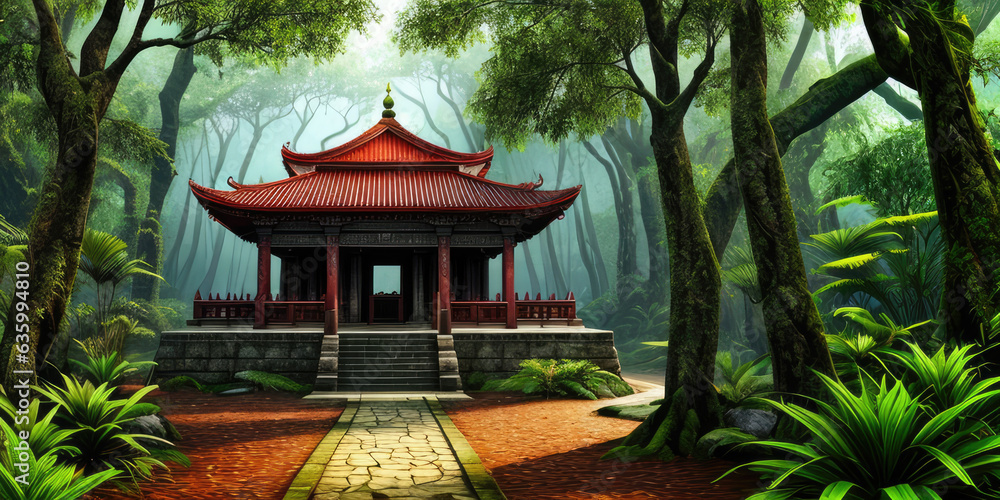 3D illustration medieval temple architecture in the forest 3D illustration medieval temple architecture in the forest