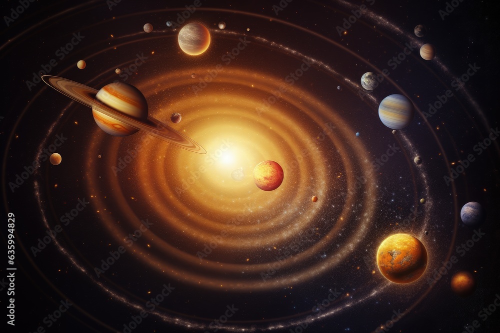 Solar system with multiple planets, planets orbiting star in center of galaxy, Generative AI