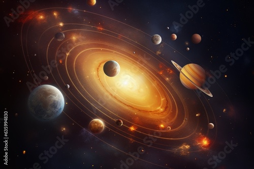Solar system with multiple planets  planets orbiting star in center of galaxy  Generative AI