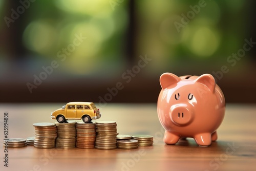Piggy bank, miniature car and stack of coins on top of table with blurred background, car market concept, Generative AI