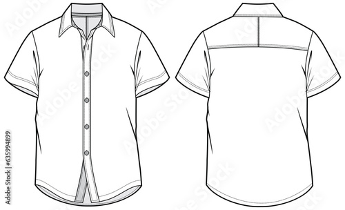 Men's Short sleeves casual shirt flat sketch illustration with front and back view, Woven shirt drawing vector template mock up