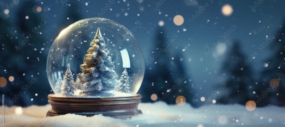 Snow globe with pine tree inside on snowy ground and blurred pine trees in the background, Generative AI
Snow globe with pine tree inside on snowy ground and blurred pine trees in the background, Generative AI