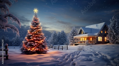 Christmas scene with house and Christmas tree in snowy night, Christmas night, Generative AI 