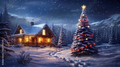 Christmas scene with house and Christmas tree in snowy night, Christmas night, Generative AI  © Kaleb
