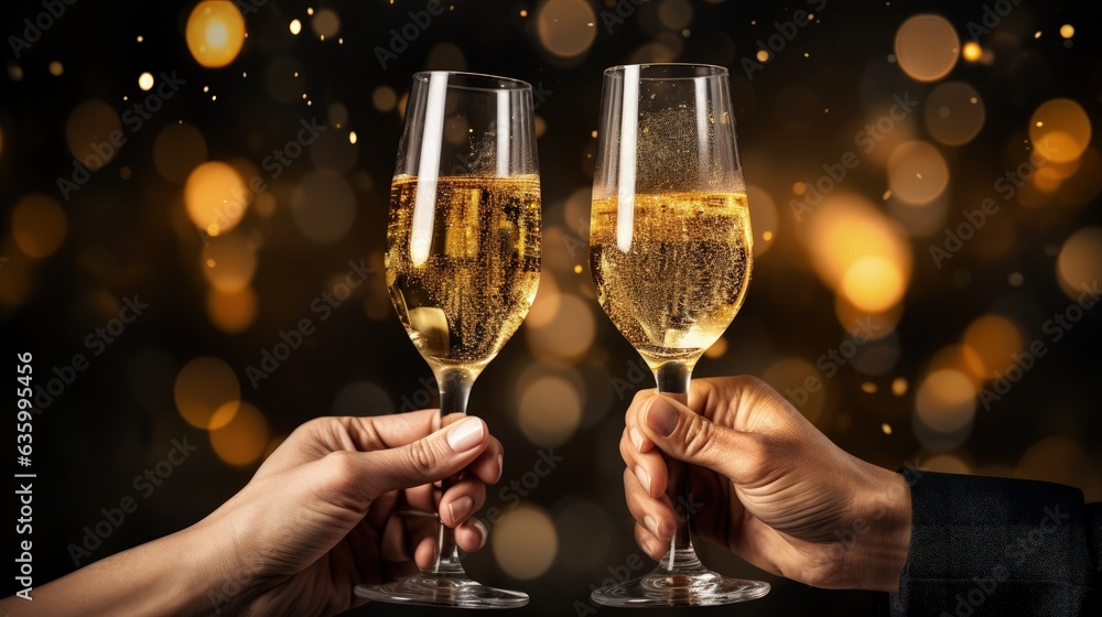 Two people toasting champagne glasses on New Year's Eve with blurred lights in the background, Generative AI
Two people toasting champagne glasses on New Year's Eve with blurred lights in the background, Generative AI