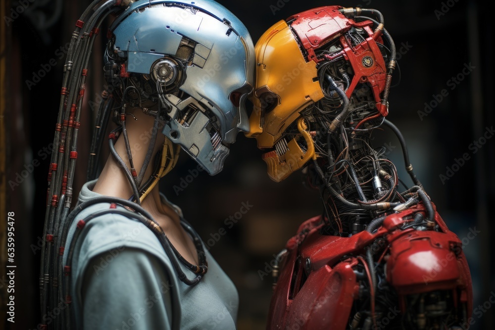 Fototapeta premium Couple of humanoid robots touching each other by the head, Generative AI