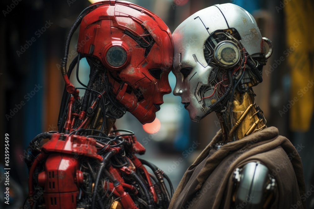 Couple of humanoid robots touching each other by the head, Generative AI Couple of humanoid robots touching each other by the head, Generative AI